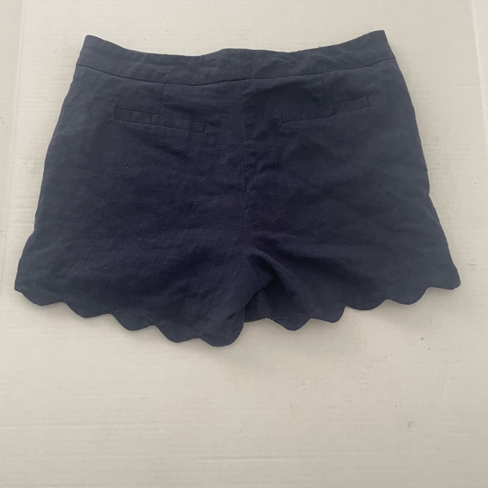 Linen Navy Scalloped Hem High Waist Shorts - Picture 2 of 2
